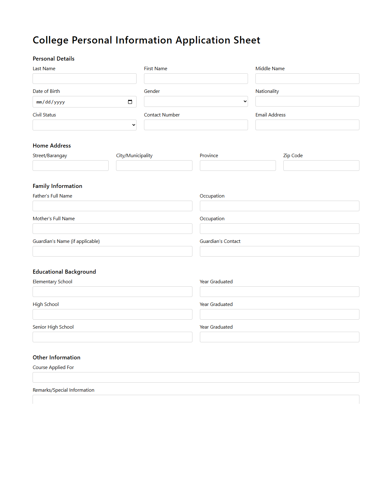 College Personal Information Application Sheet