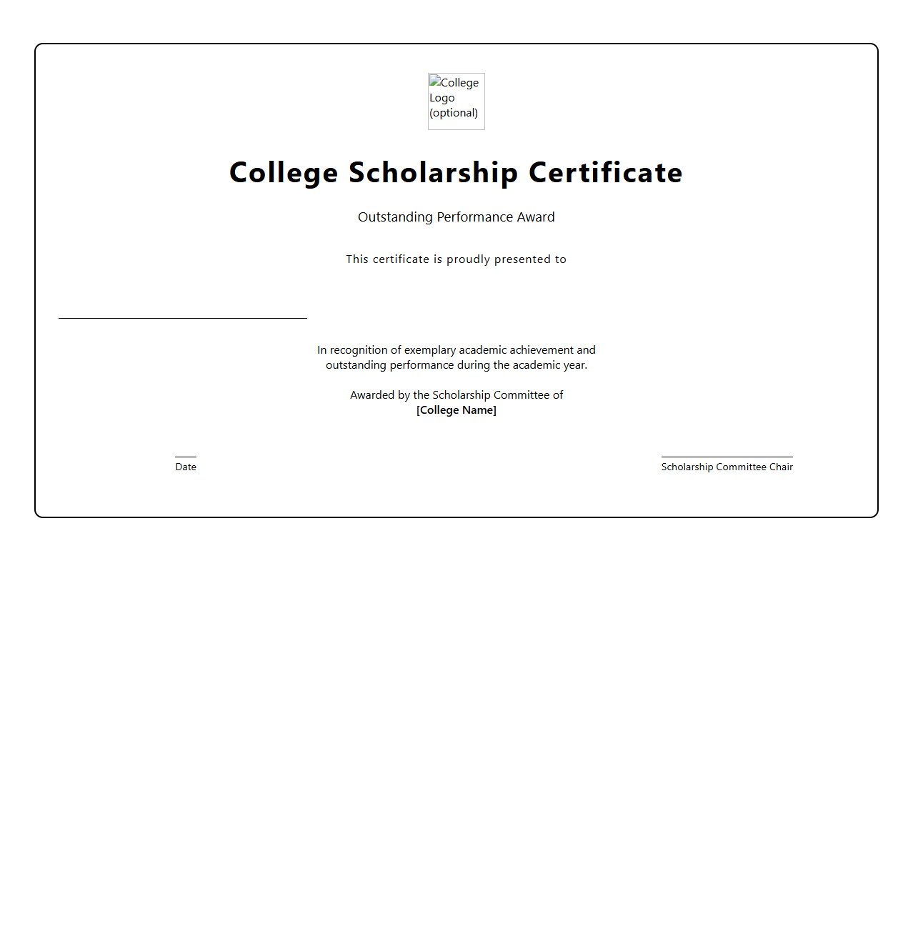 College Scholarship Certificate for Outstanding Performance