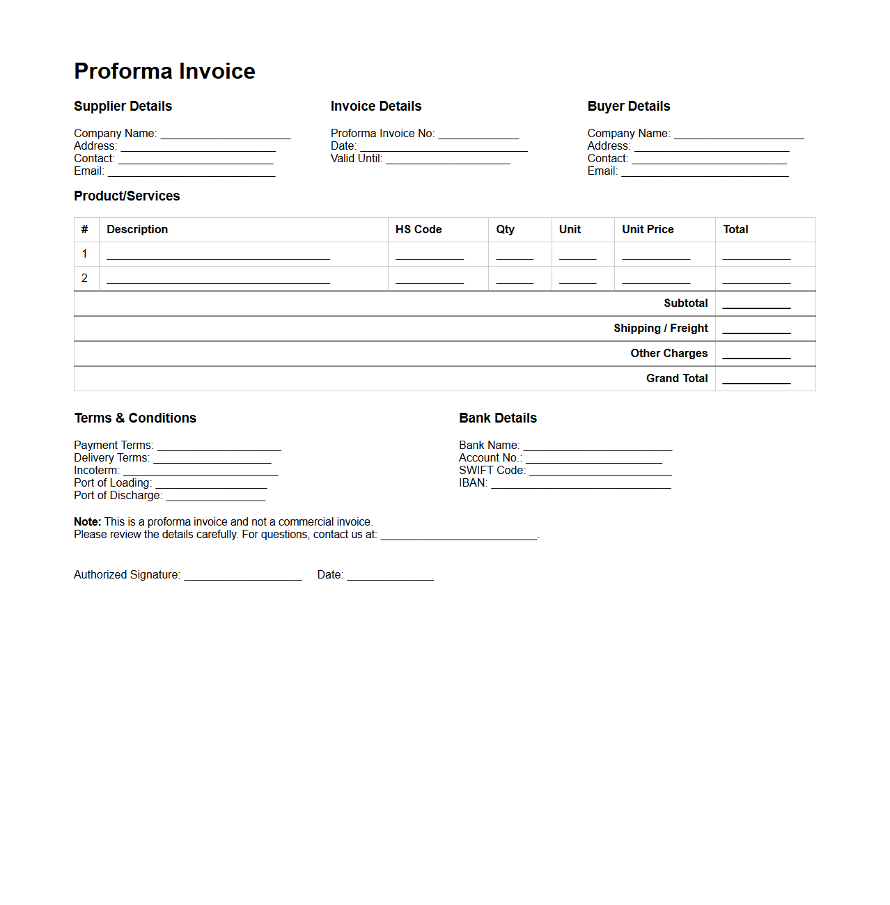 Commercial Proforma Invoice for Price Quote