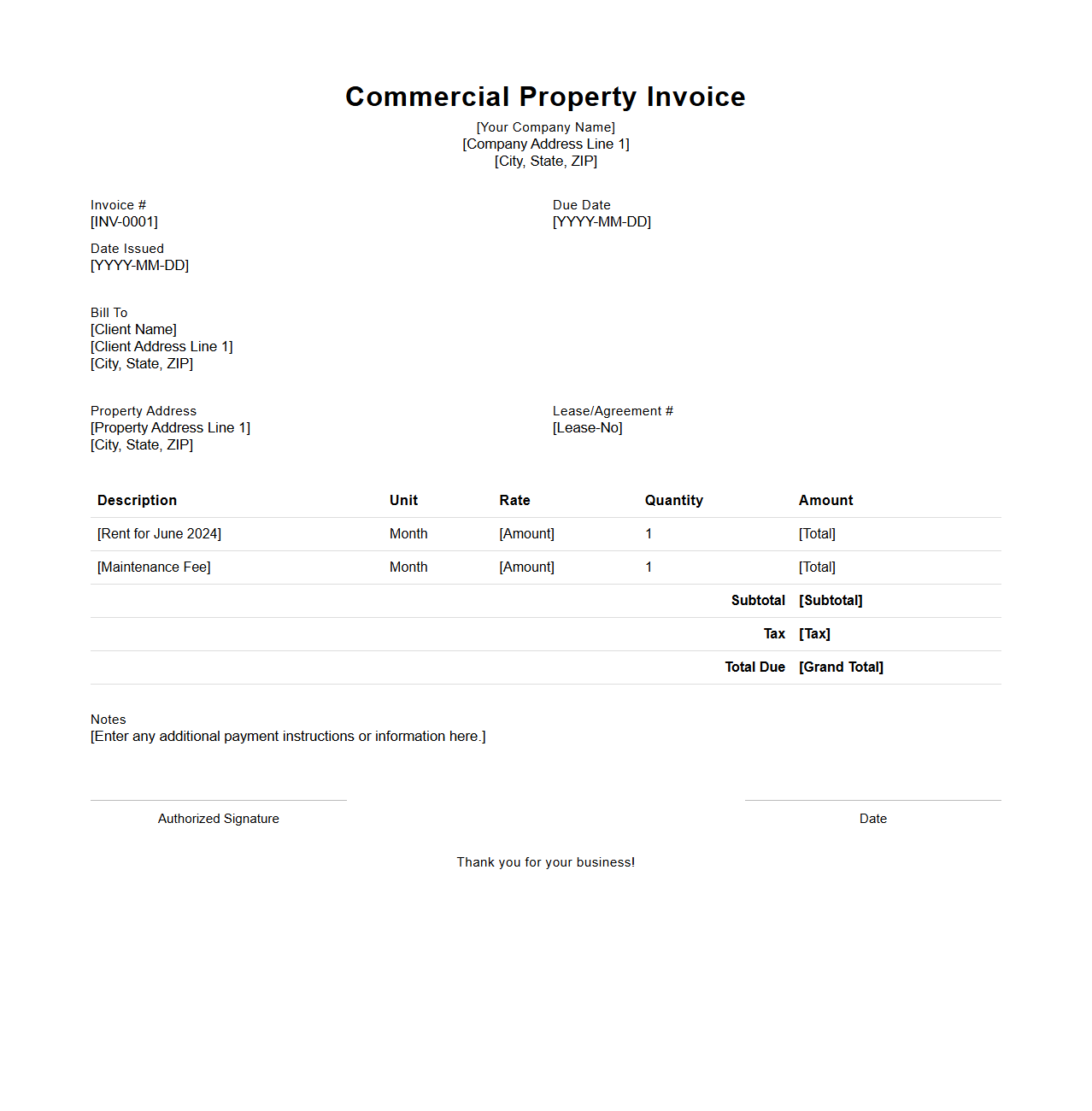 Commercial Property Invoice Template
