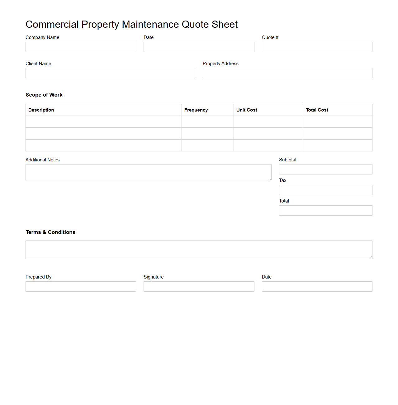 Commercial Property Maintenance Quote Sheet