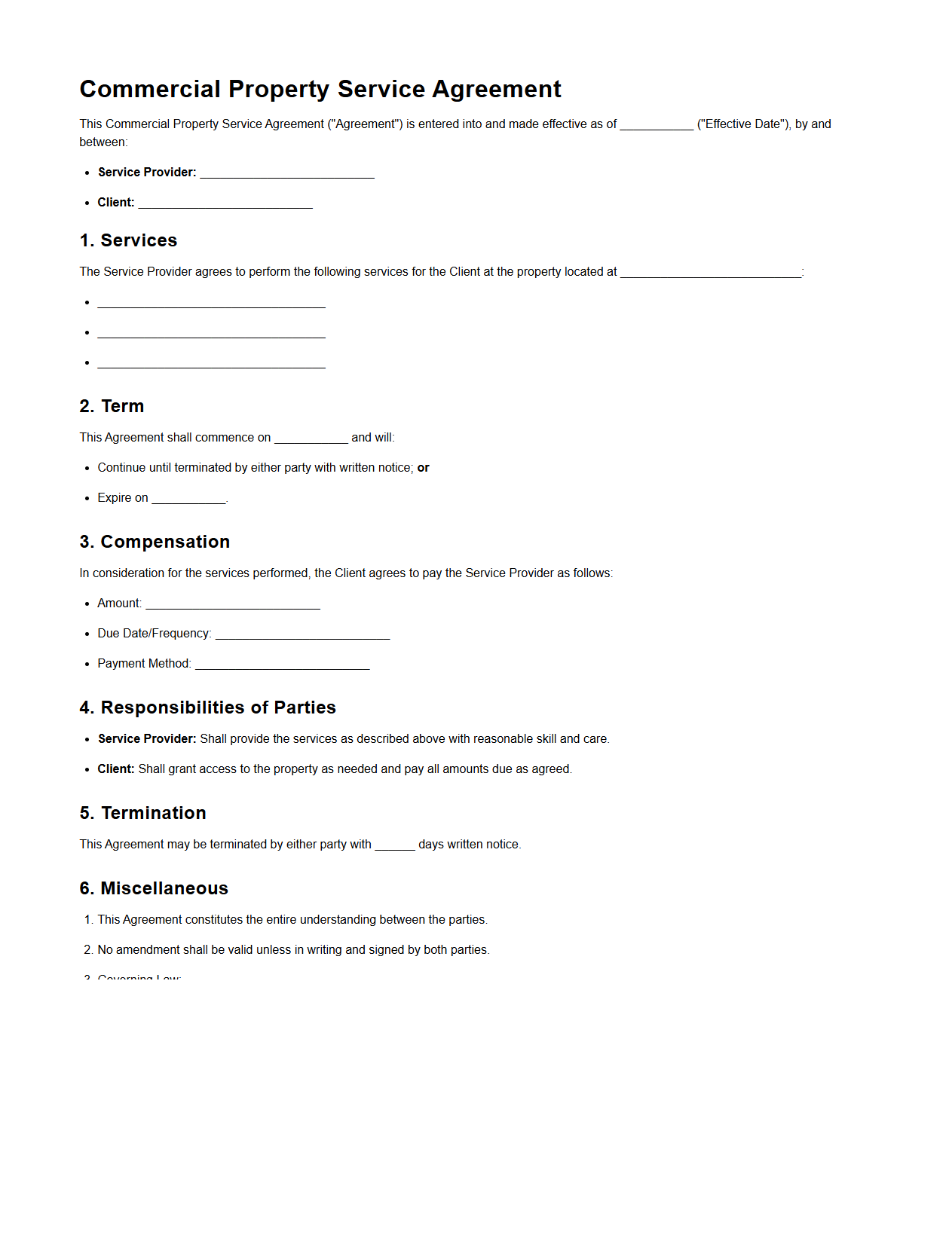 Commercial Property Service Agreement Template