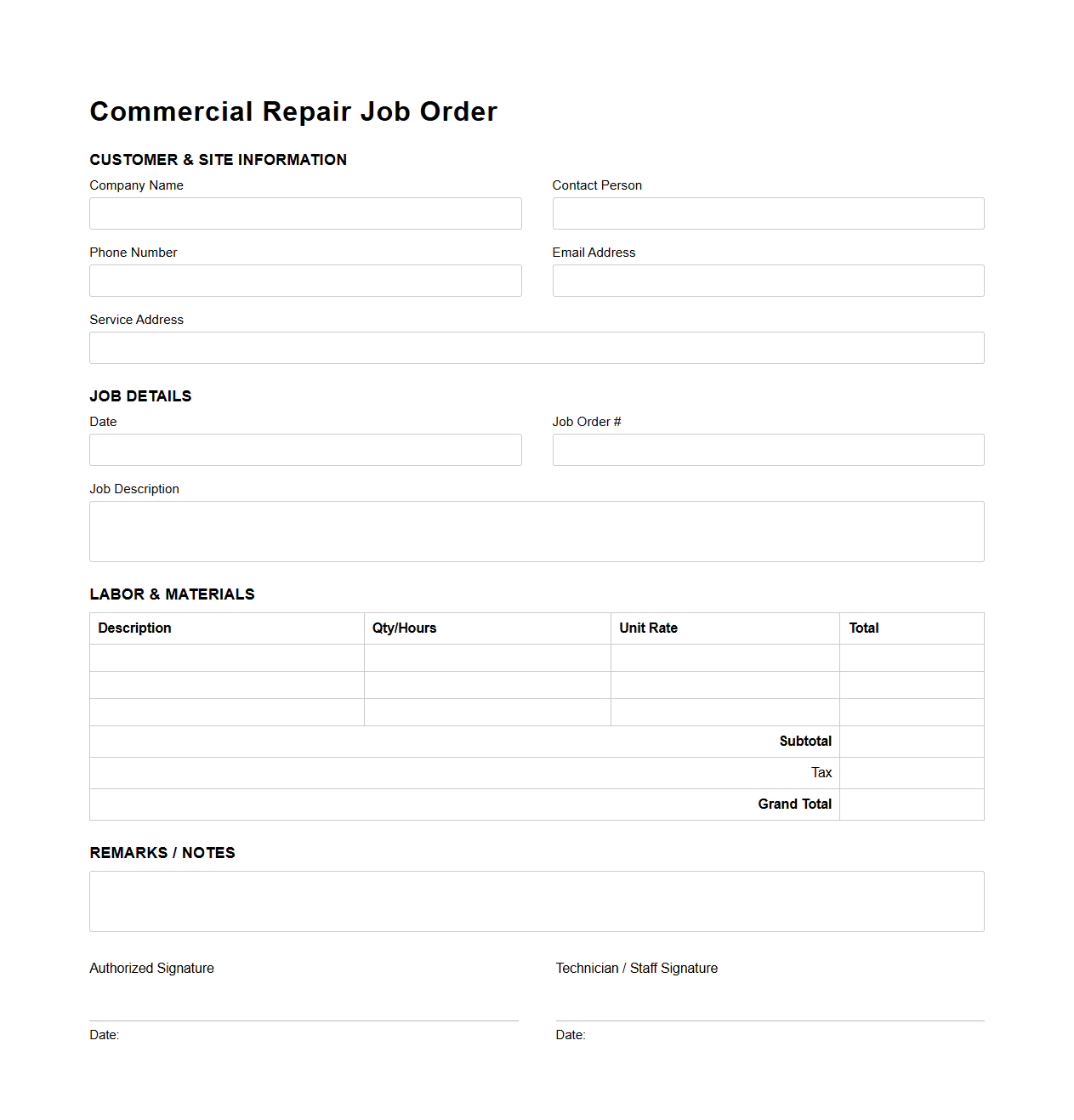 Commercial Repair Job Order Template