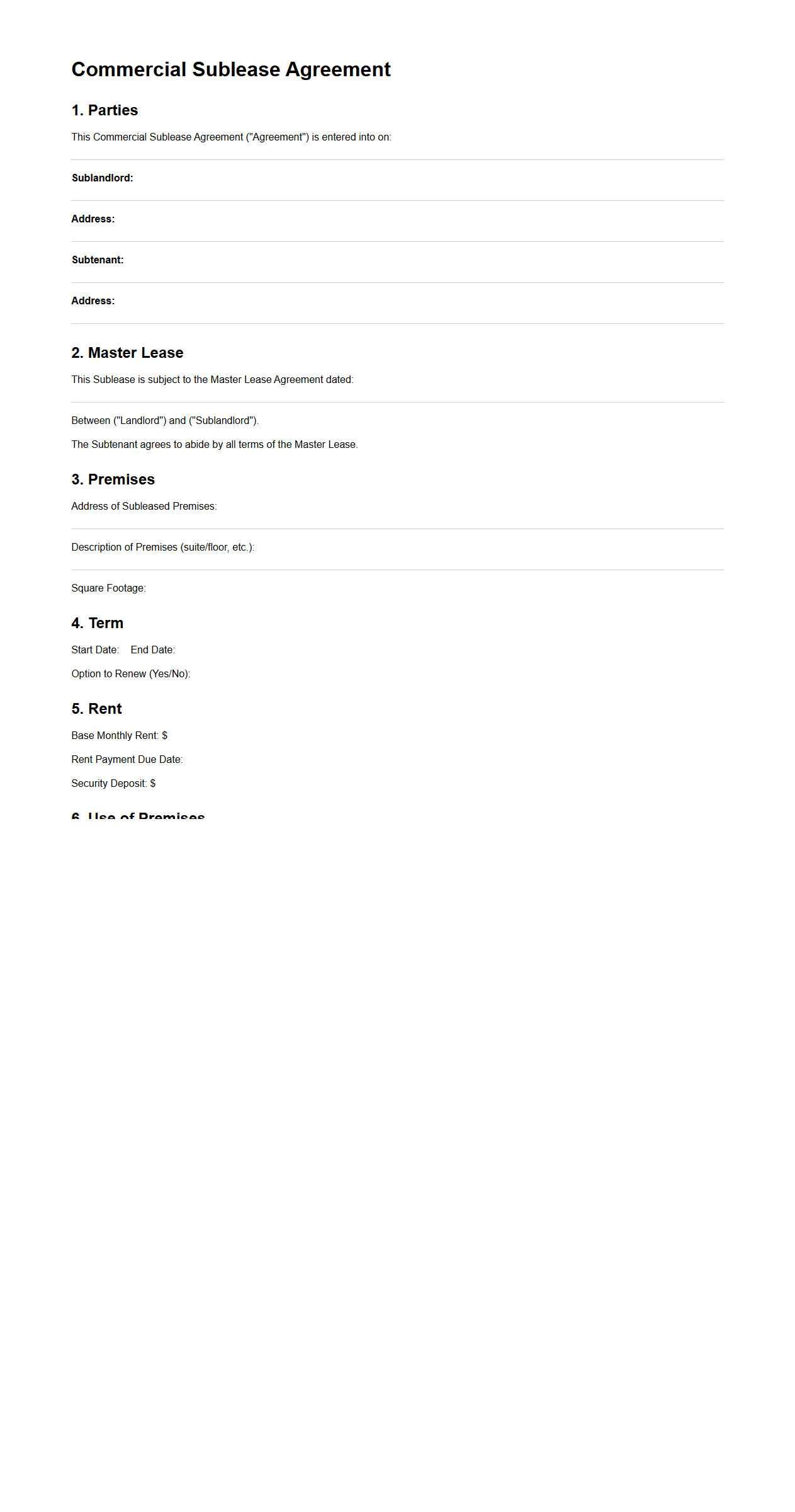 Commercial Sublease Document Template