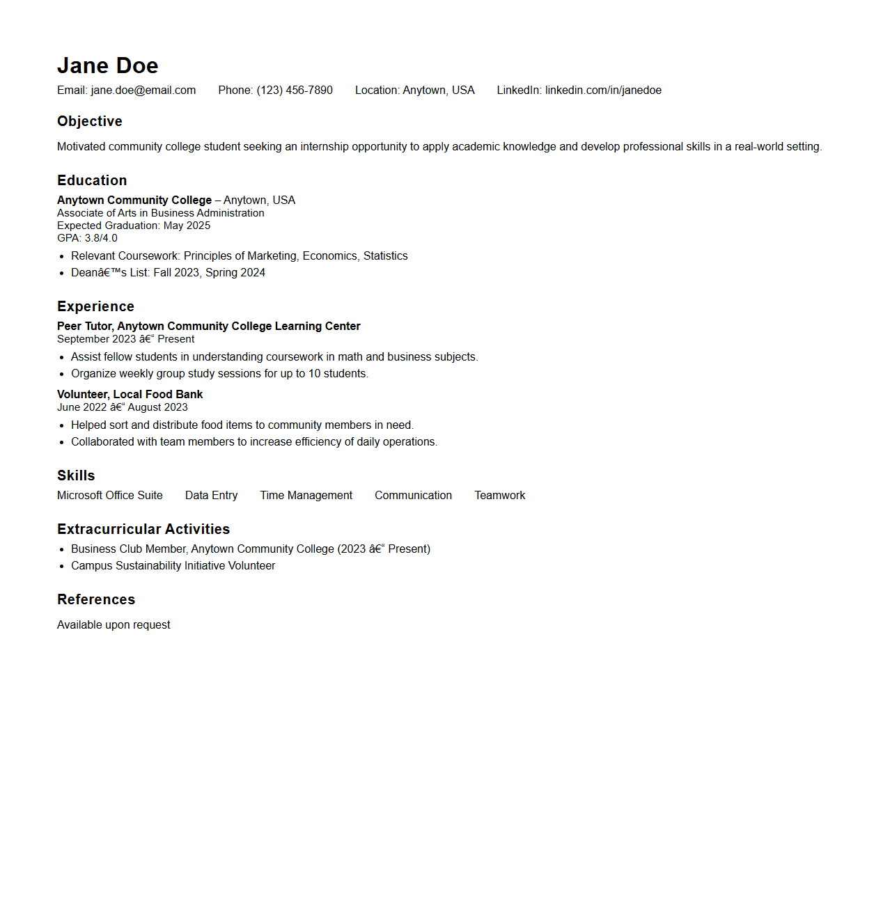 Community College Student Internship Resume Sample