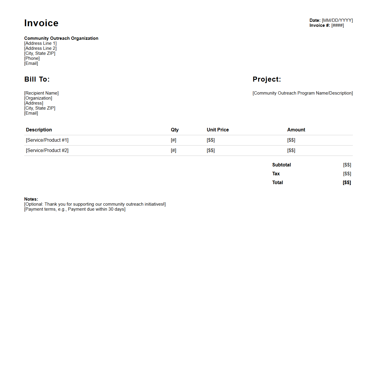 Community Outreach Invoice Template