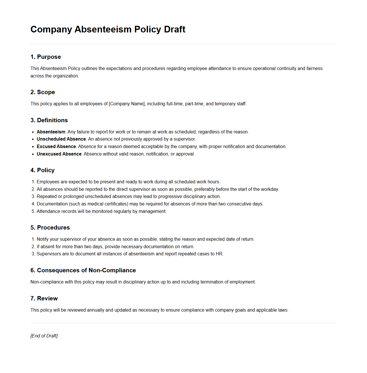 Company Absenteeism Policy Draft