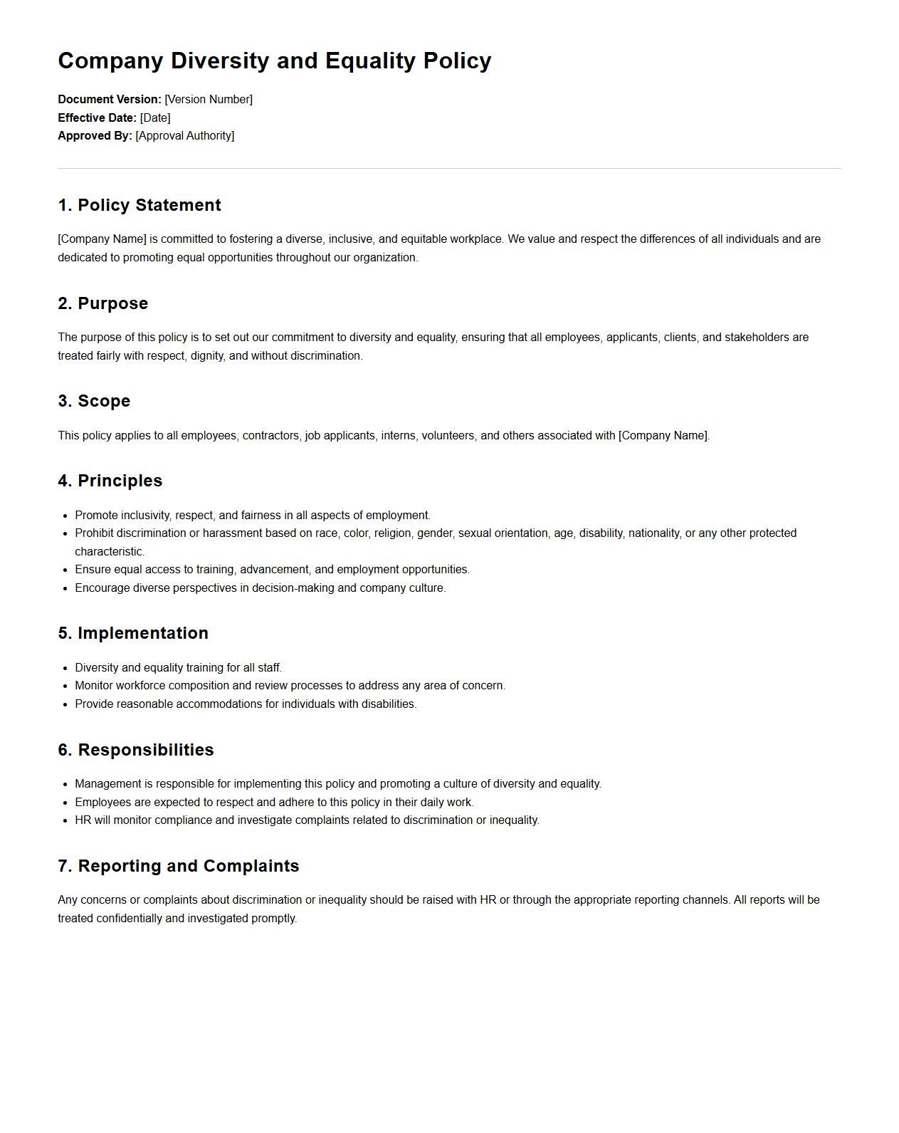 Company Diversity and Equality Policy Template
