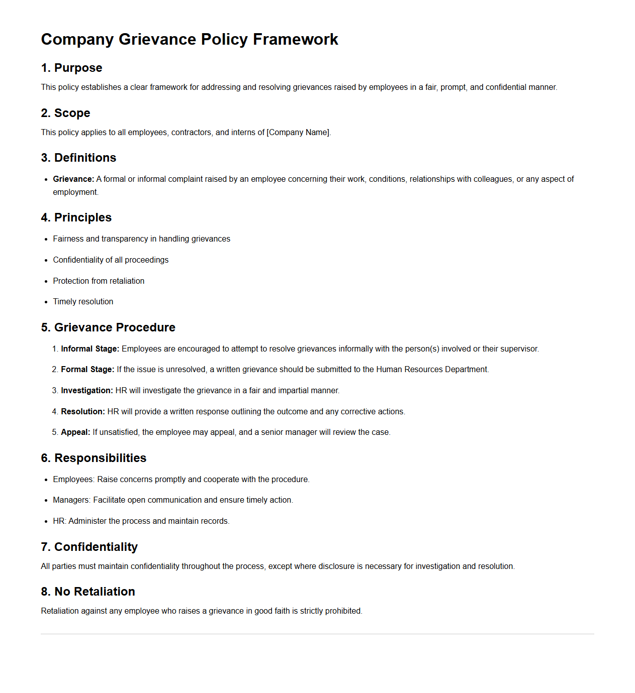 Company Grievance Policy Framework