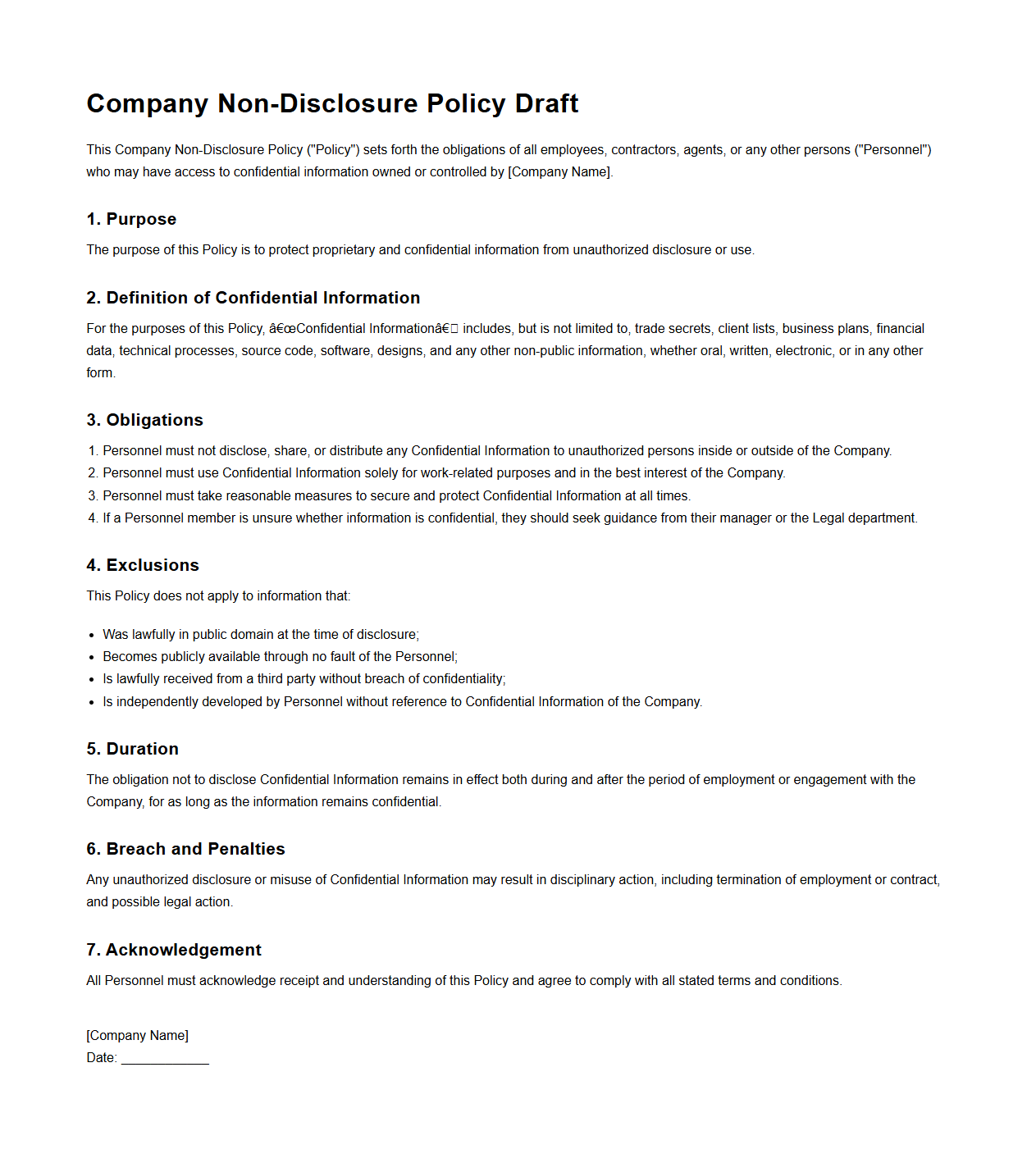 Company Non-Disclosure Policy Draft