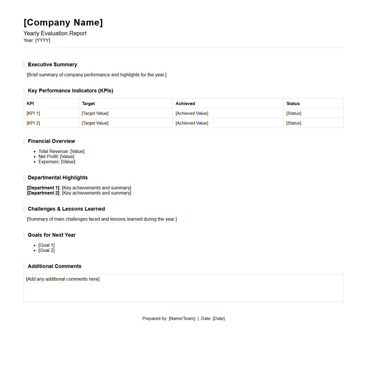 Company Yearly Evaluation Report Layout