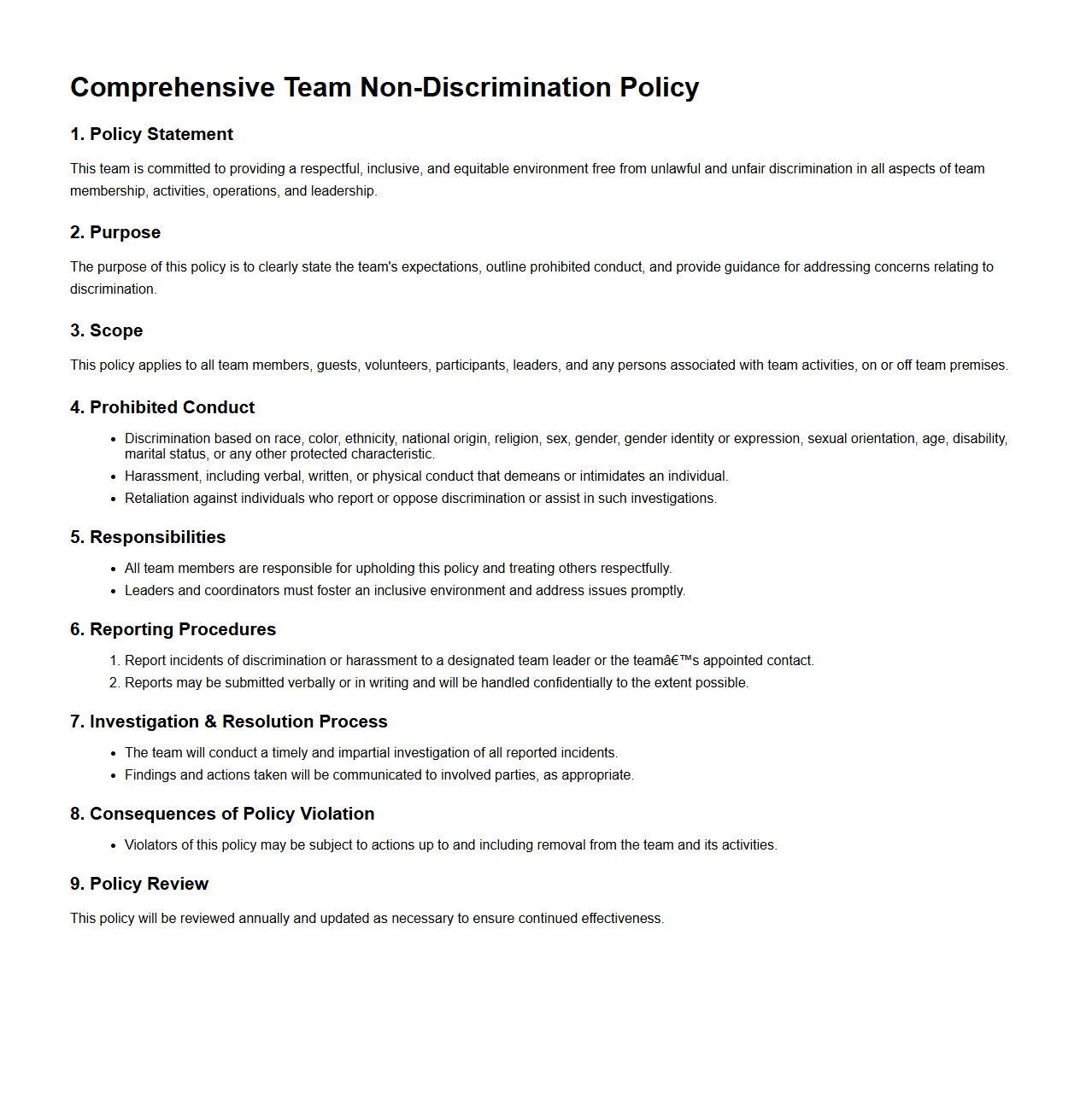 Comprehensive Team Non-Discrimination Policy Structure