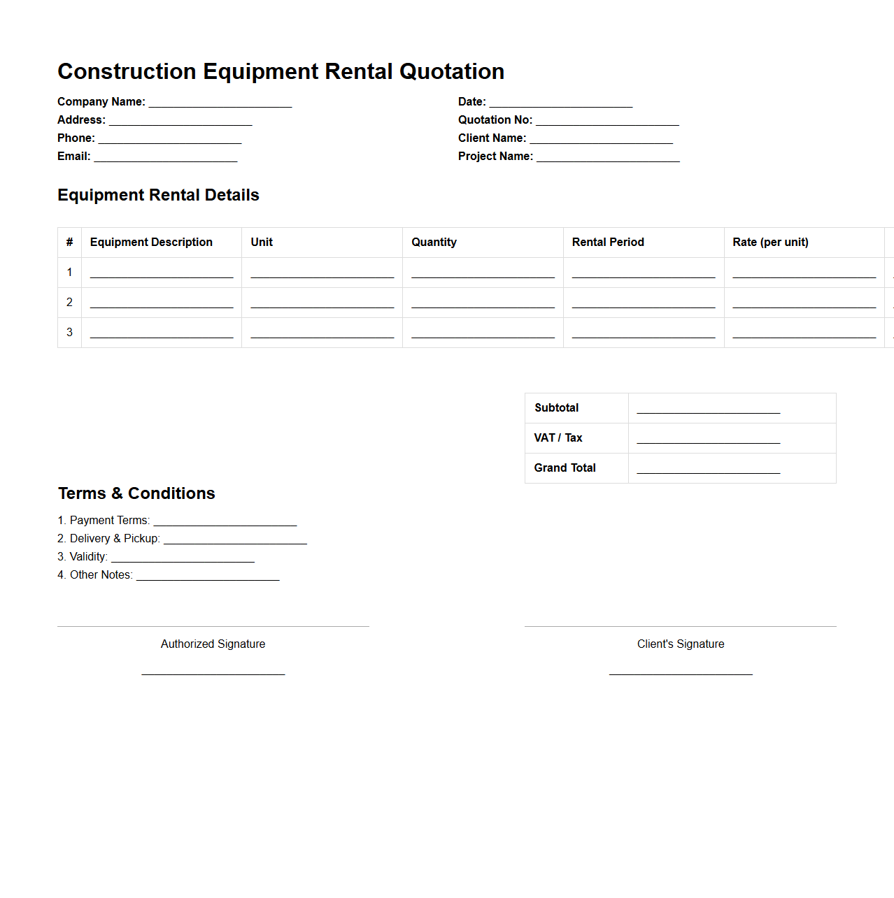 Construction Equipment Rental Quotation