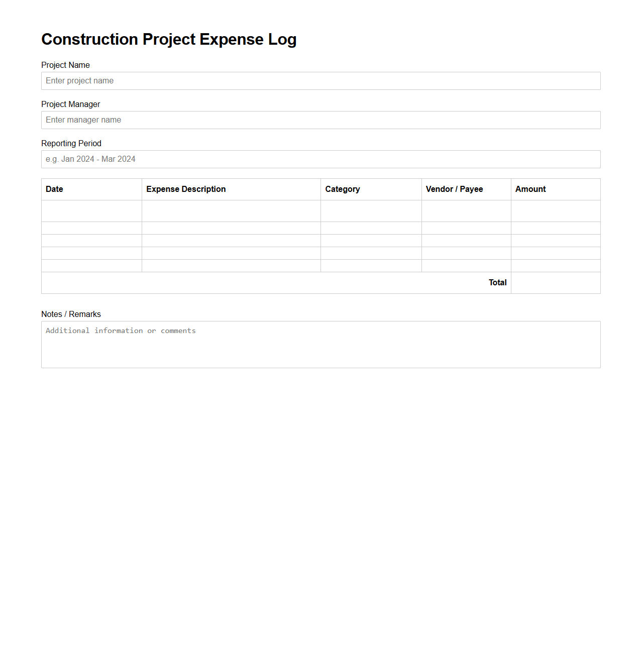 Construction Project Expense Log