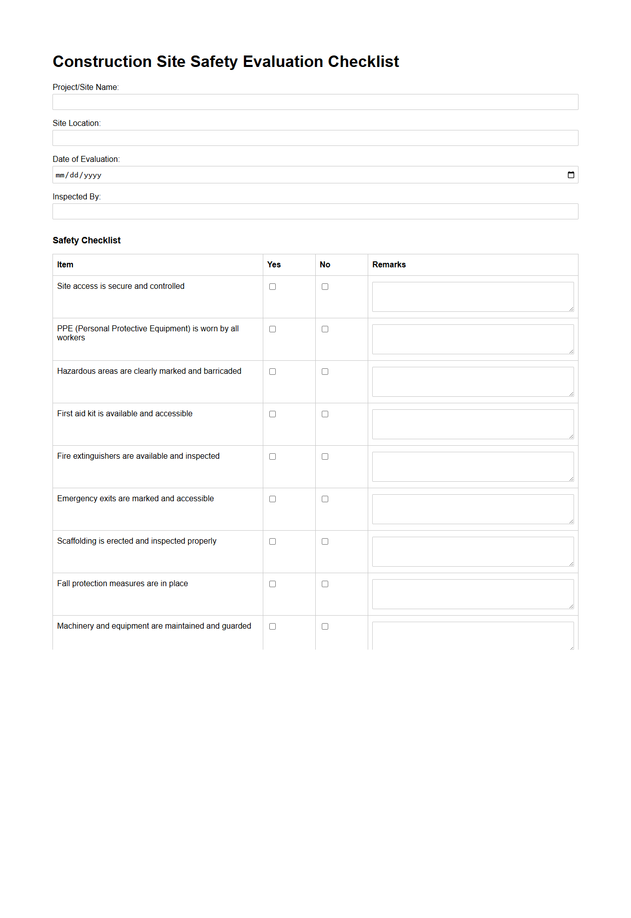 Construction Site Safety Evaluation Checklist