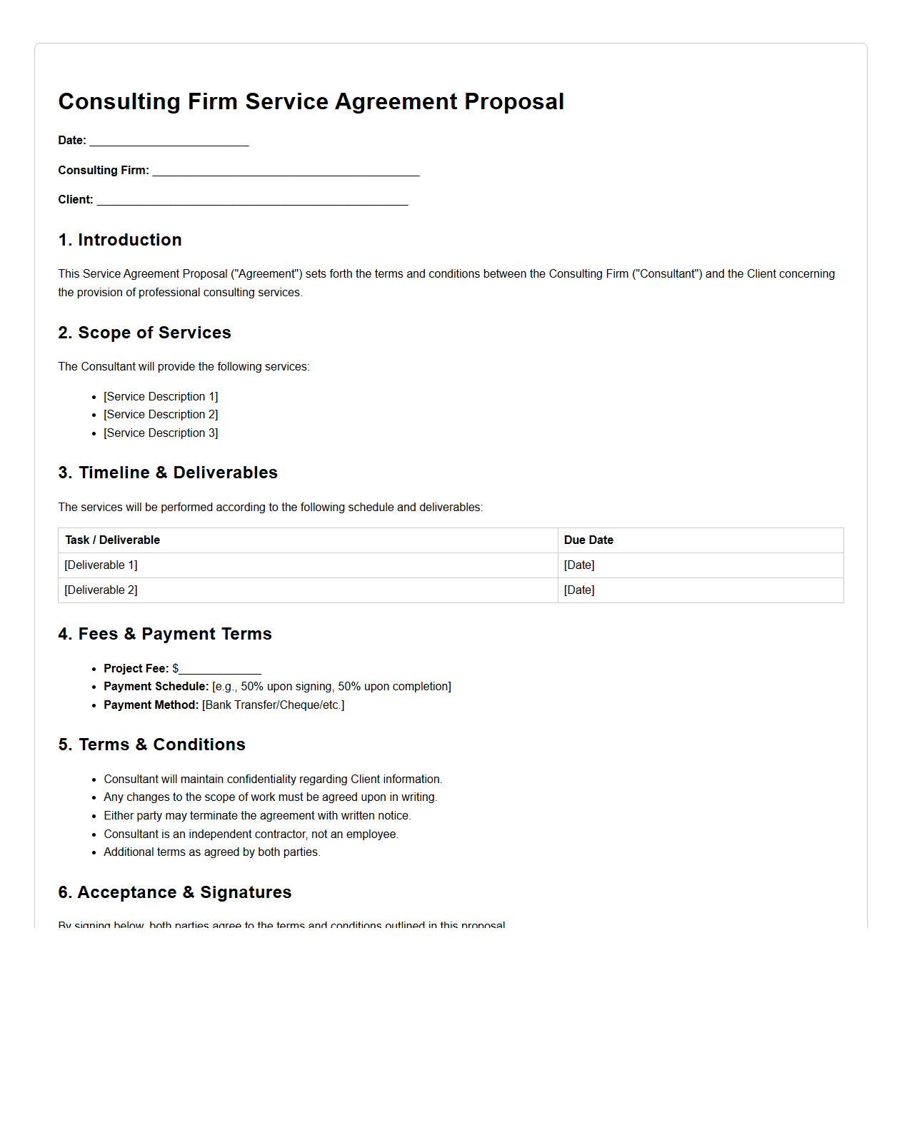 Consulting Firm Service Agreement Proposal Template