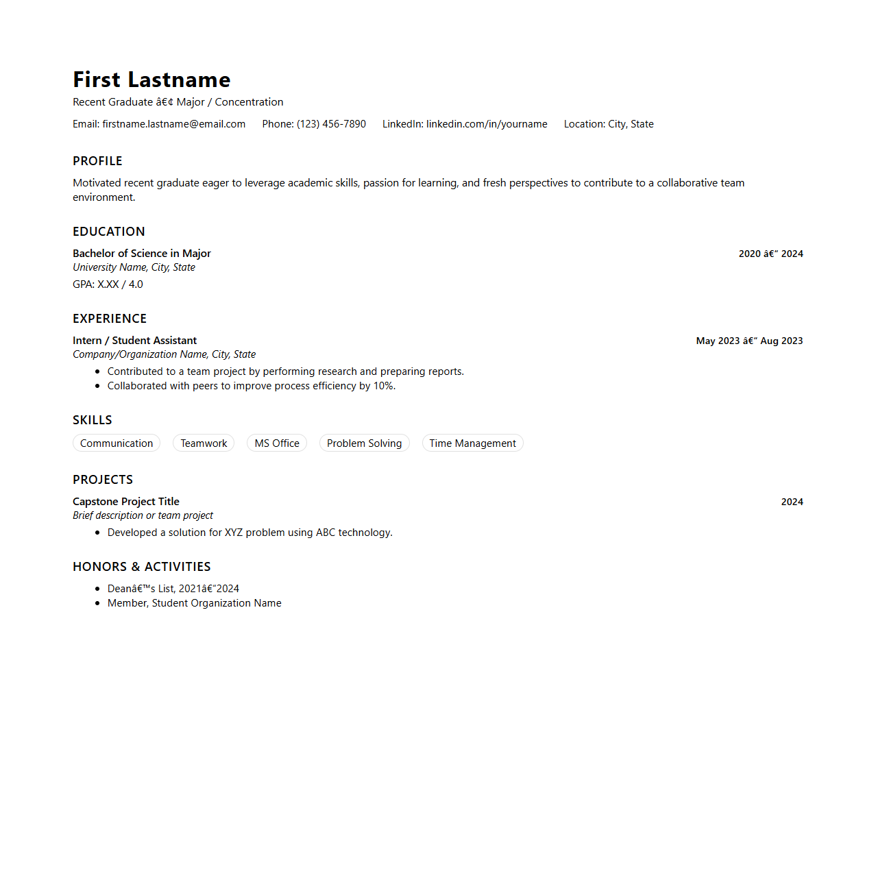 Contemporary Starter Resume Template for Graduates