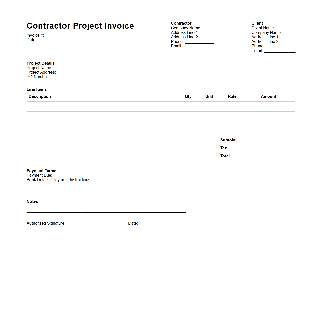 Contractor Project Invoice Layout