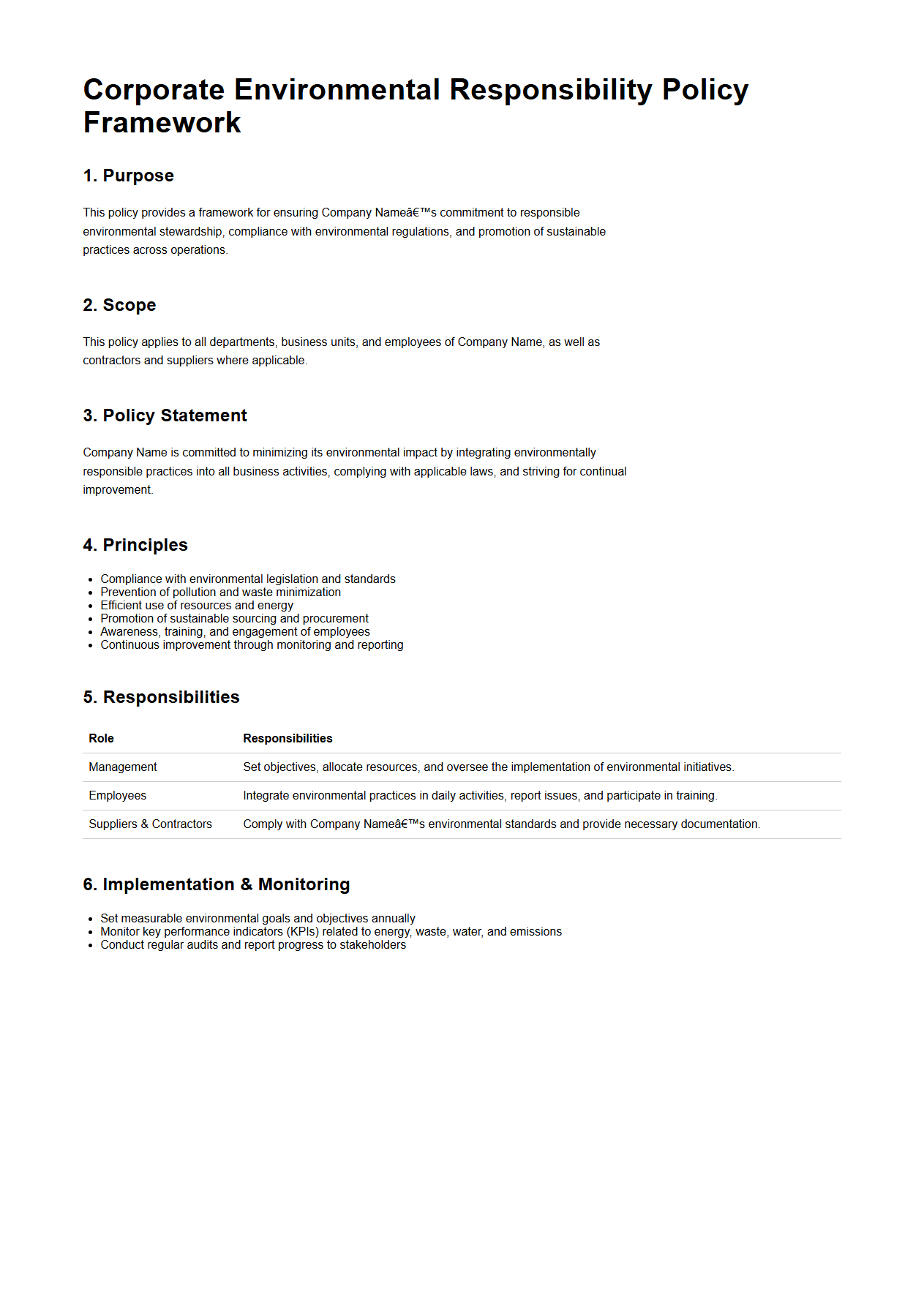 Corporate Environmental Responsibility Policy Framework