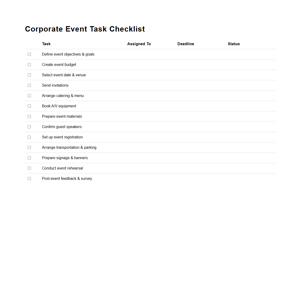 Corporate Event Task Checklist Format