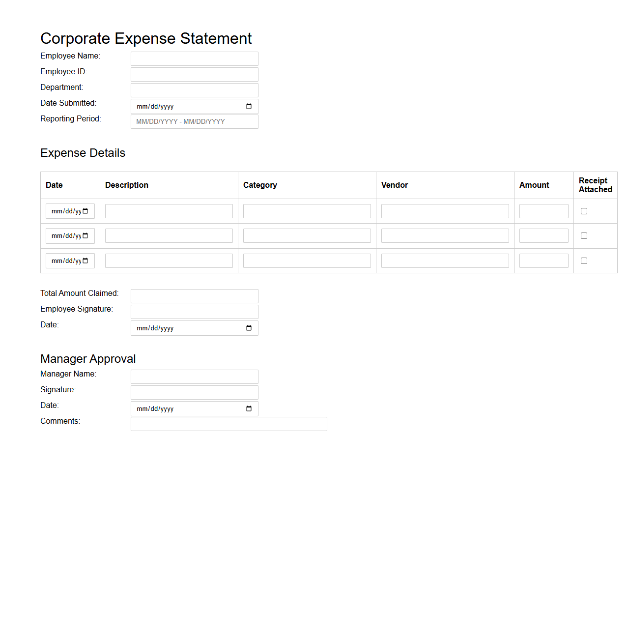 Corporate Expense Statement Blank Template
