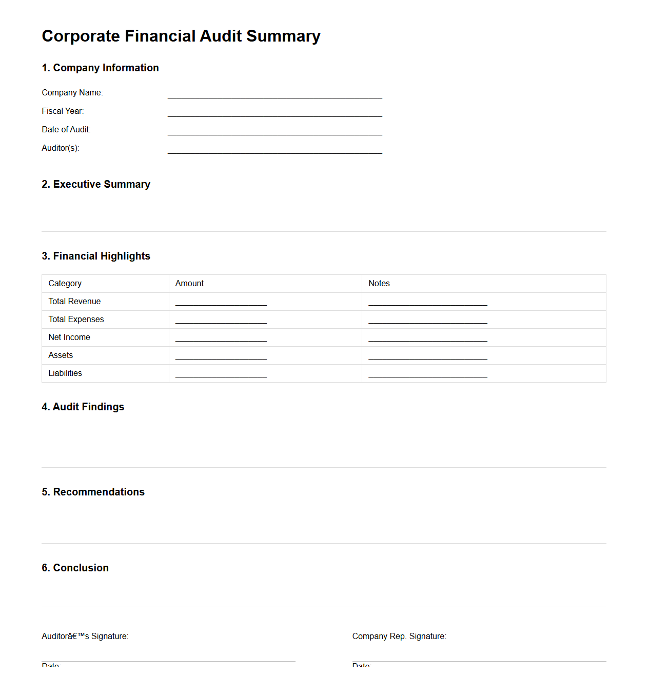 Corporate Financial Audit Summary Template