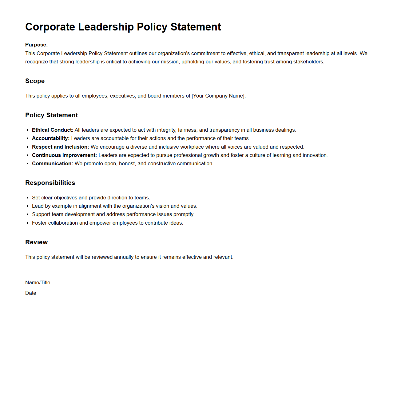Corporate Leadership Policy Statement Model