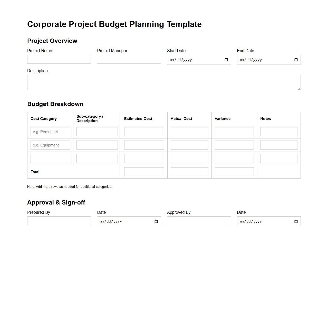 Corporate Project Budget Planning Template