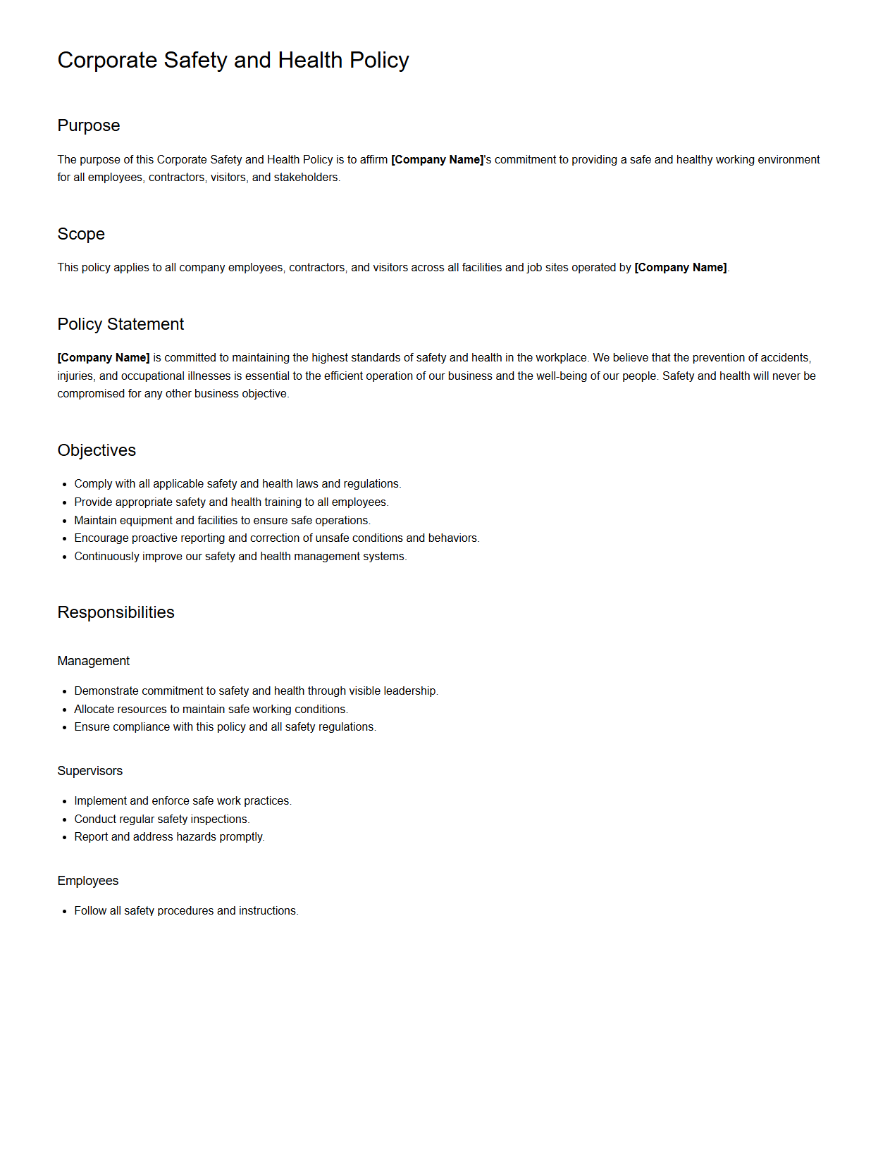 Corporate Safety and Health Policy Template