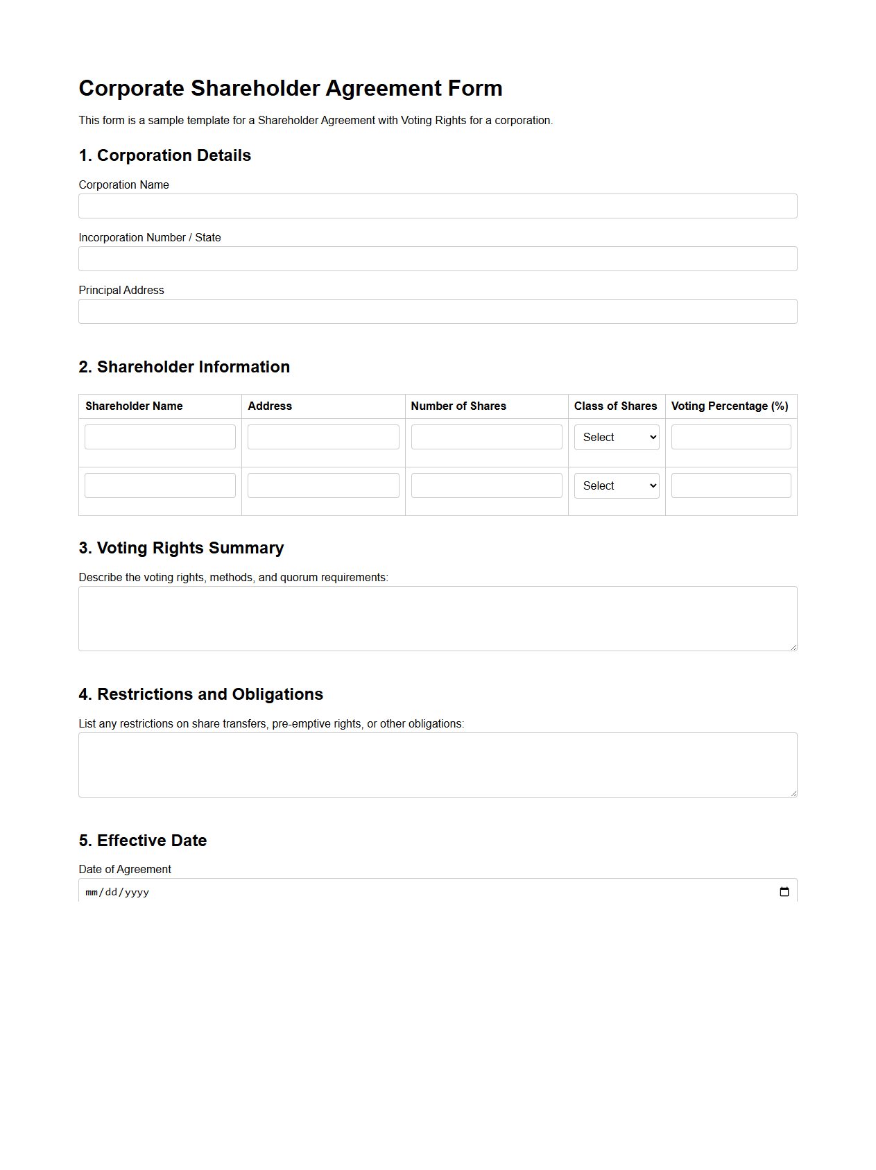 Corporate Shareholder Agreement Form with Voting Rights