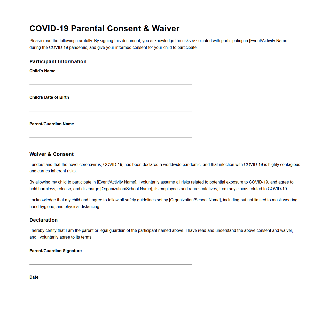 COVID-19 Parental Consent Waiver Template