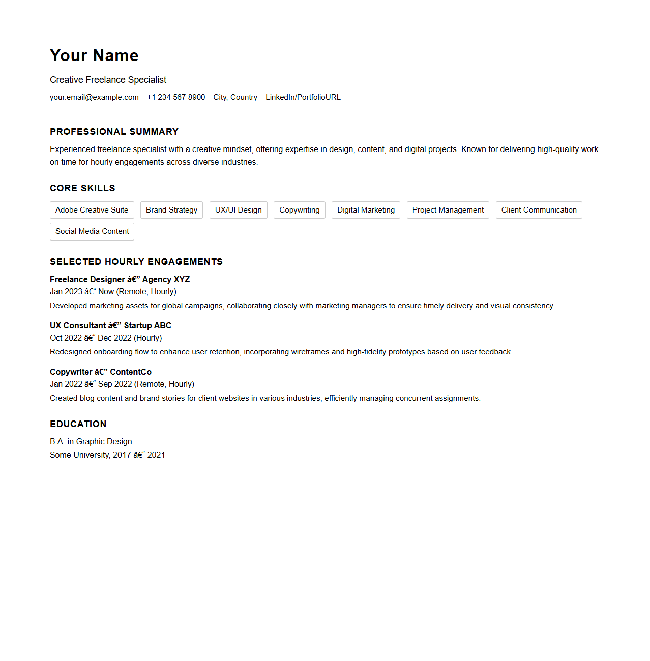 Creative Freelance Specialist Resume Template for Hourly Engagements