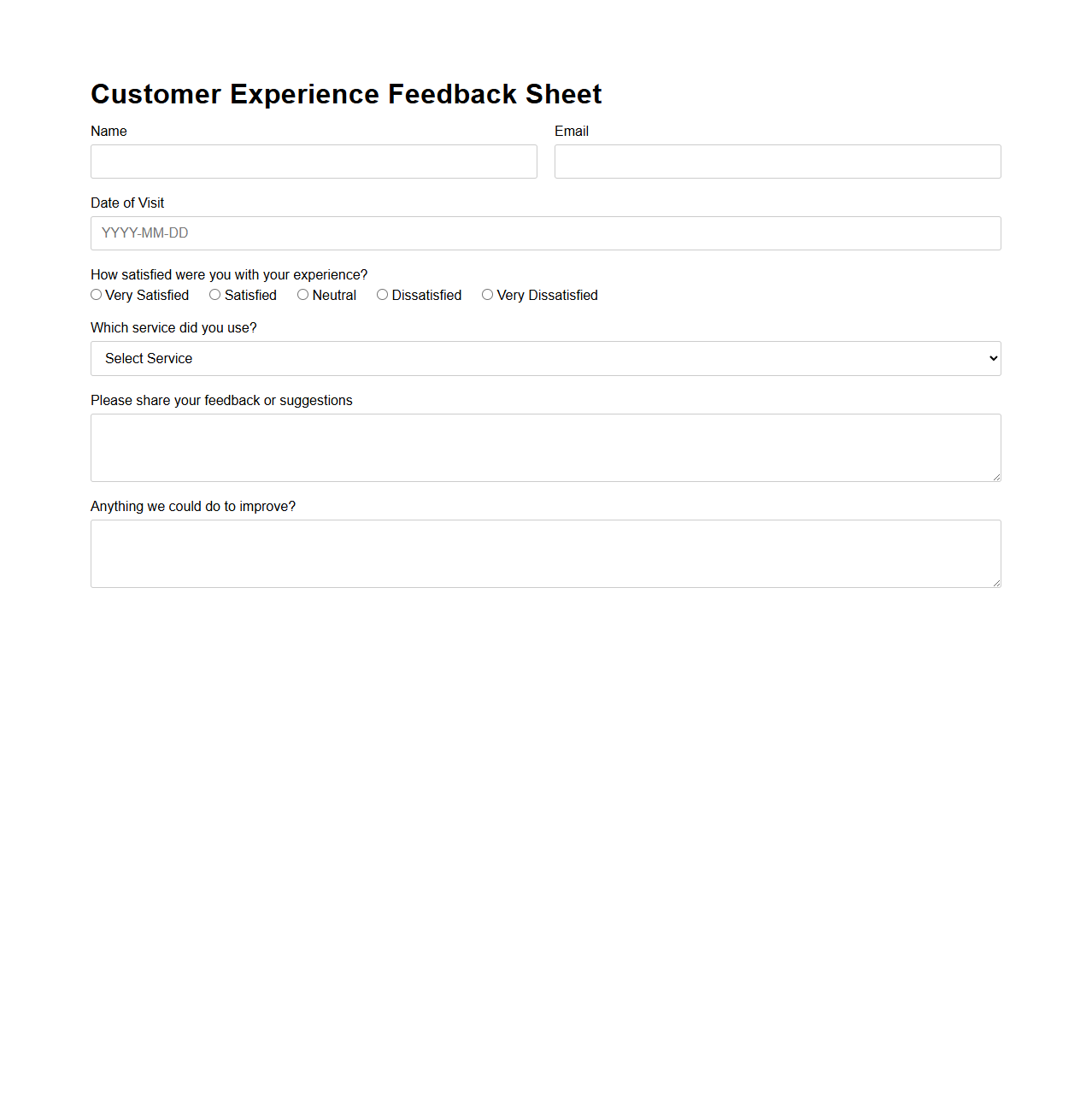 Customer Experience Feedback Sheet