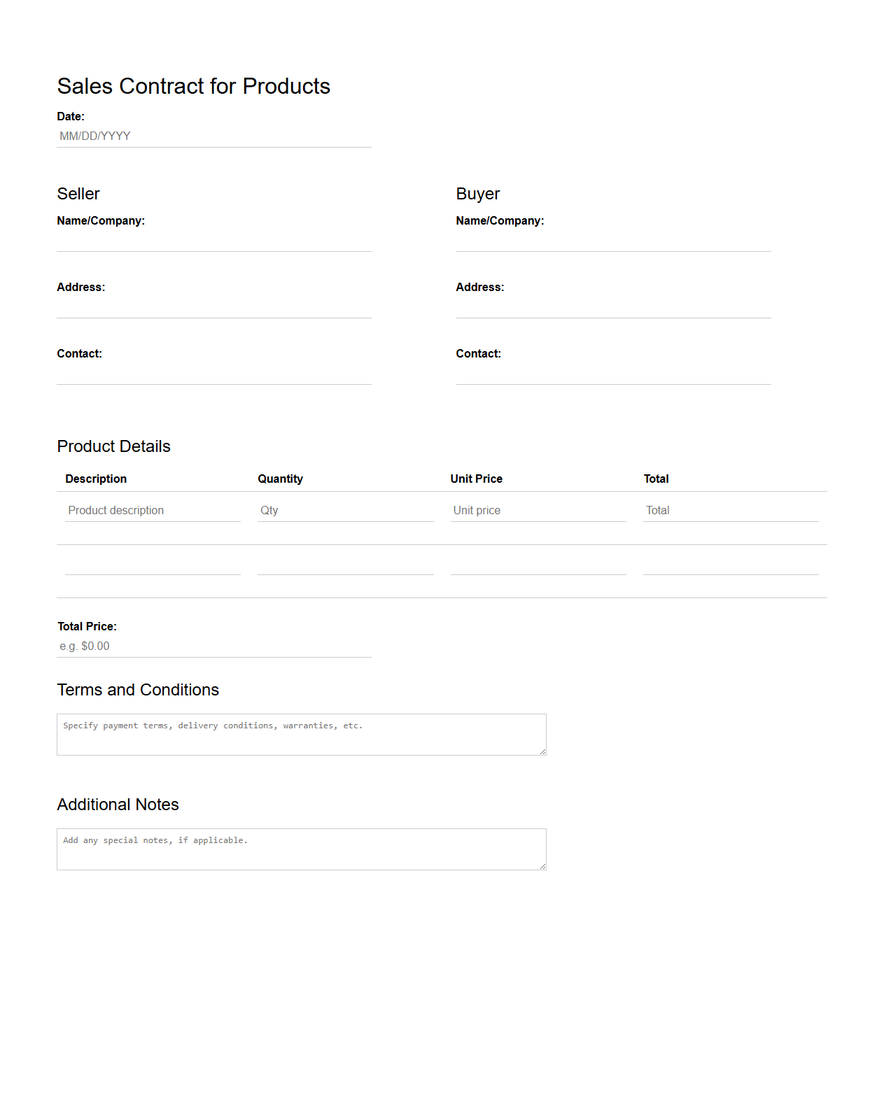 Customizable Blank Sales Contract for Products