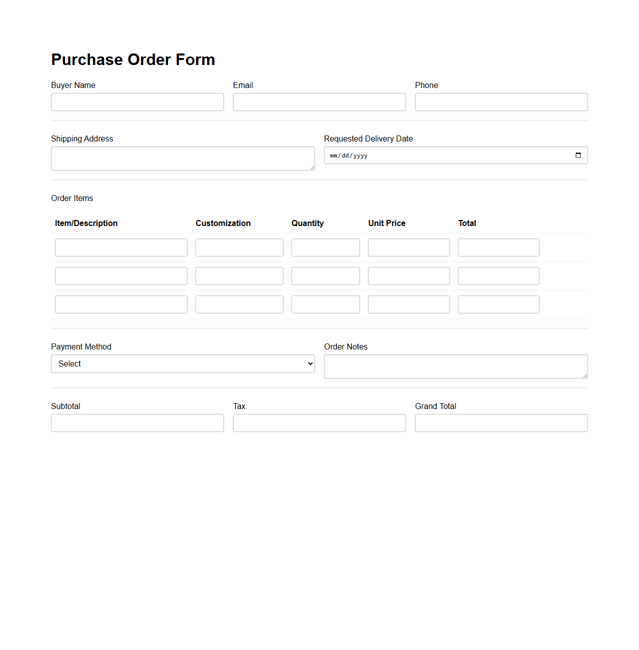 Customizable Goods Purchase Order Form