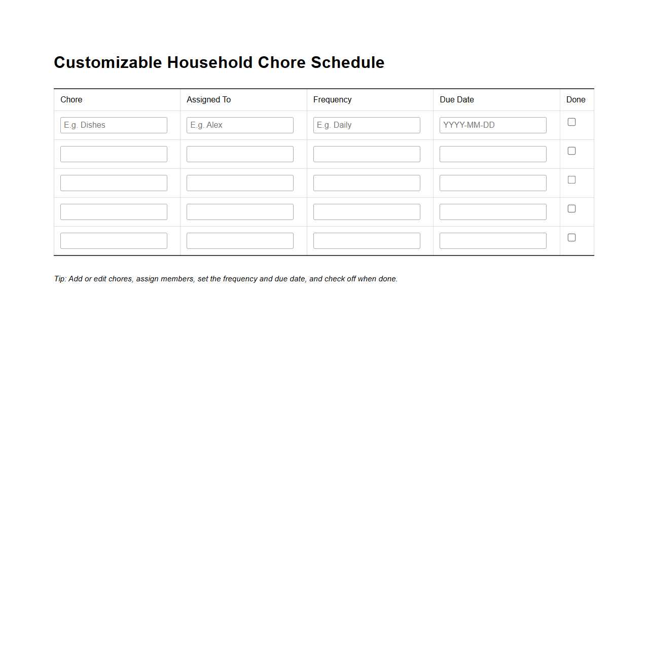 Customizable Household Chore Schedule