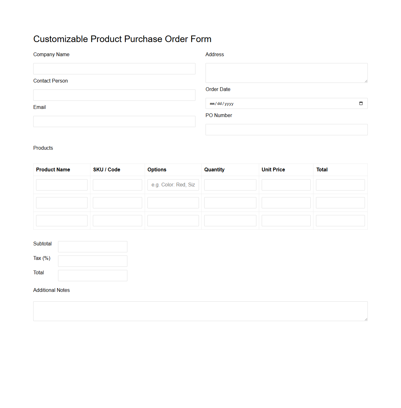 Customizable Product Purchase Order Form