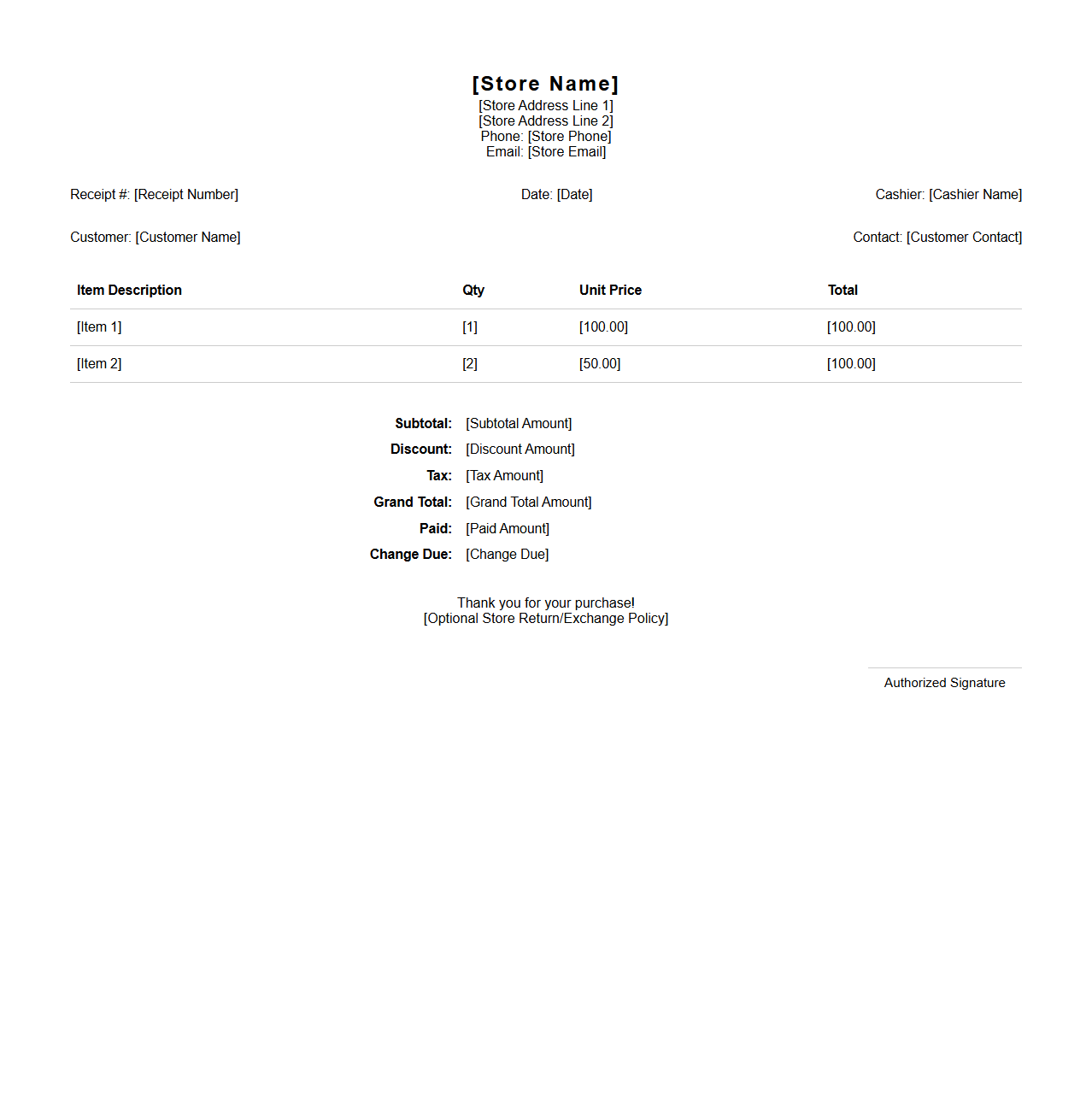Customizable Store Purchase Receipt Format