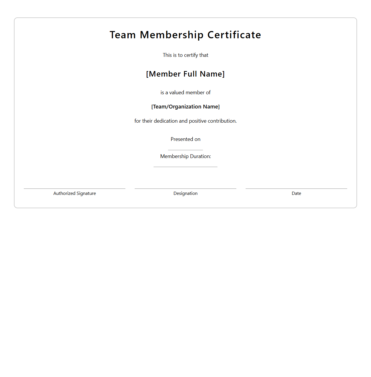 Customizable Team Membership Certificate Format