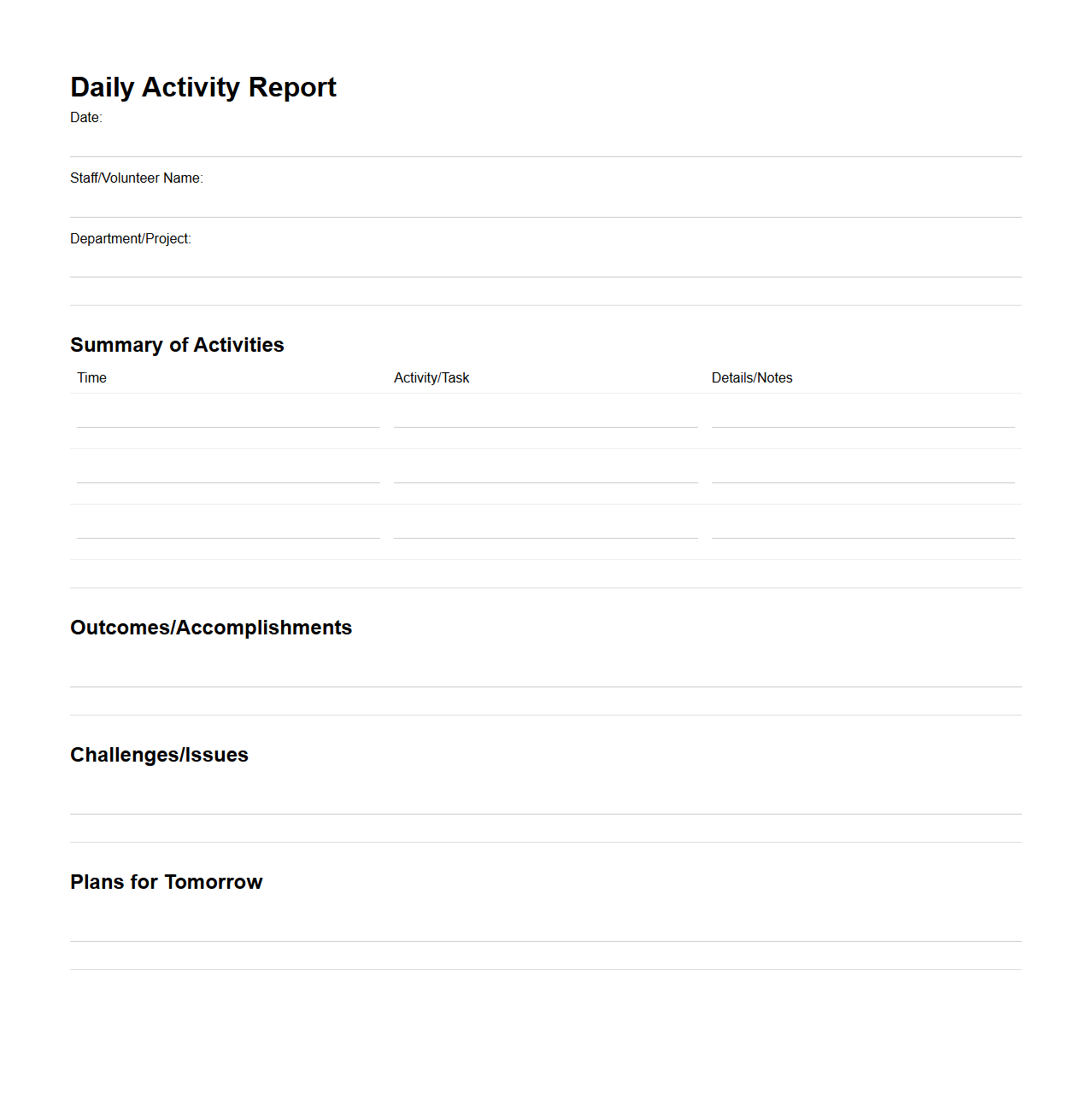 Daily Activity Report Template for Nonprofit Organizations