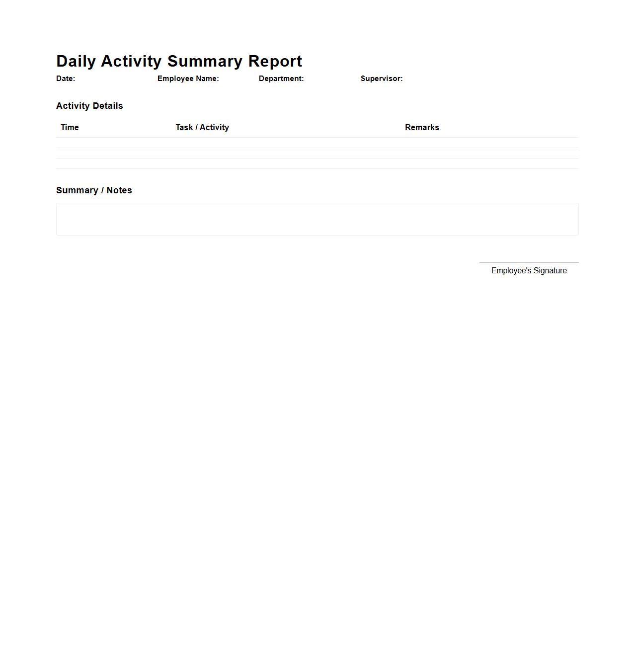 Daily Activity Summary Report Layout