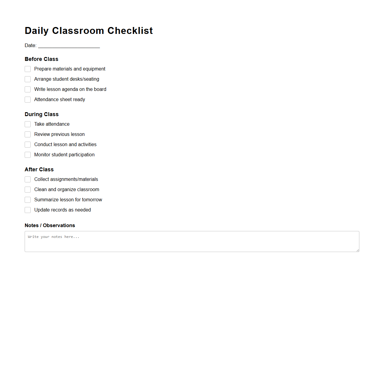 Daily Classroom Checklist for Teachers