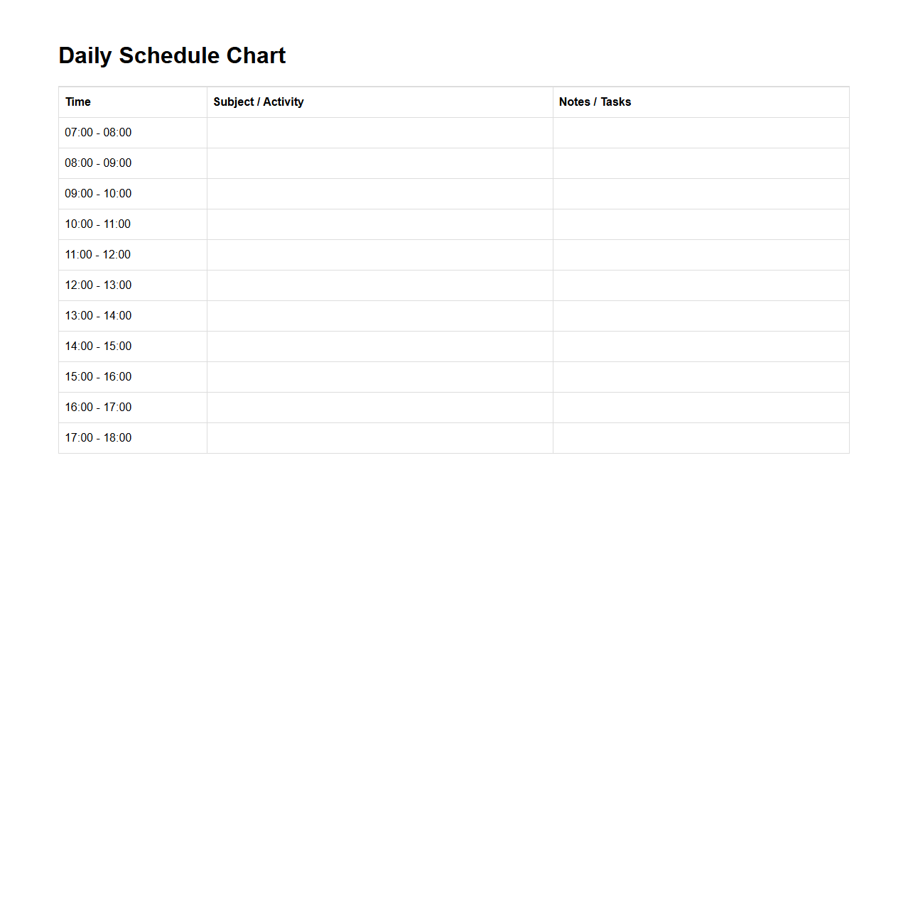 Daily Schedule Chart for Student Study Planning