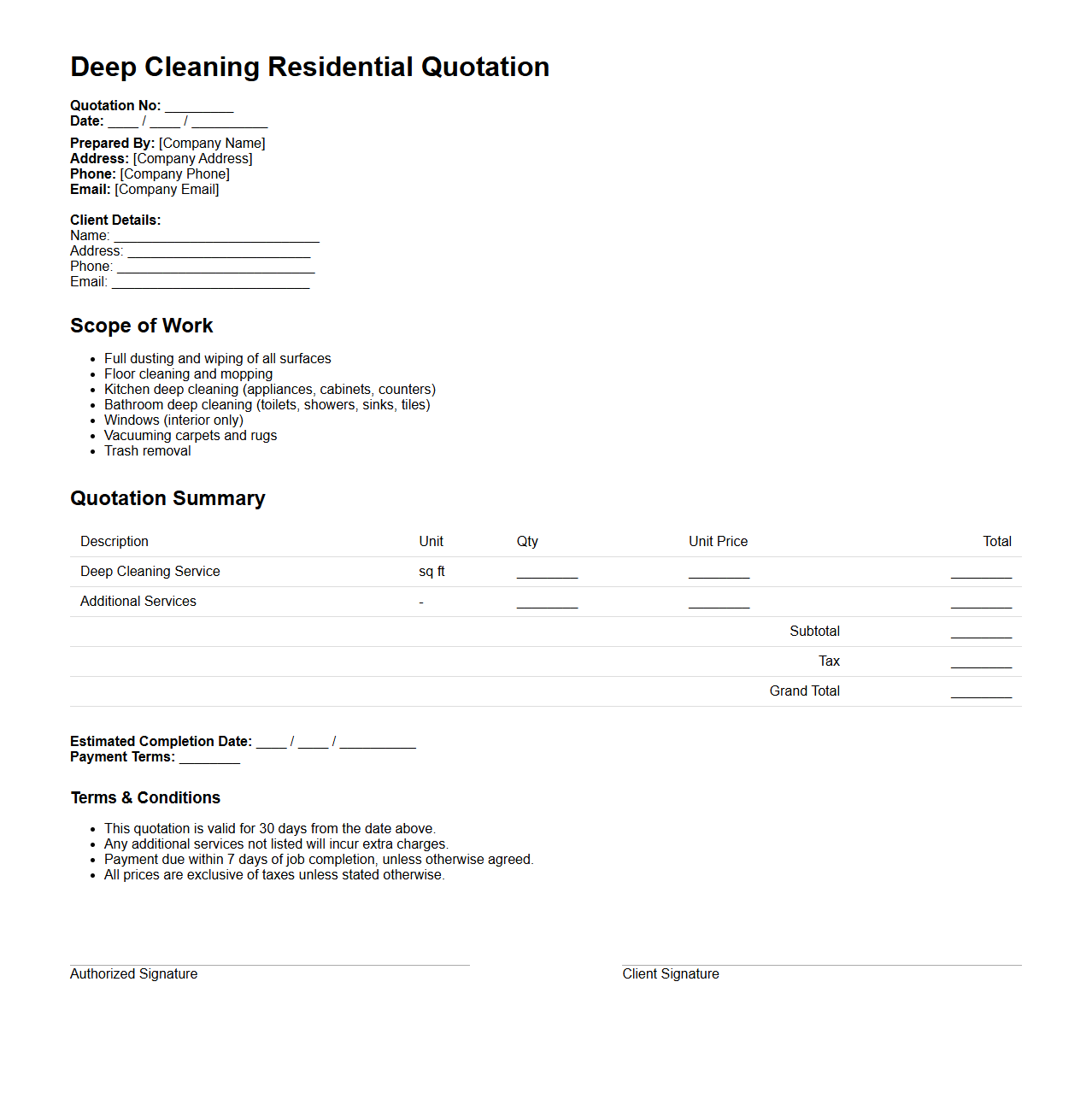 Deep Cleaning Residential Quotation Sample