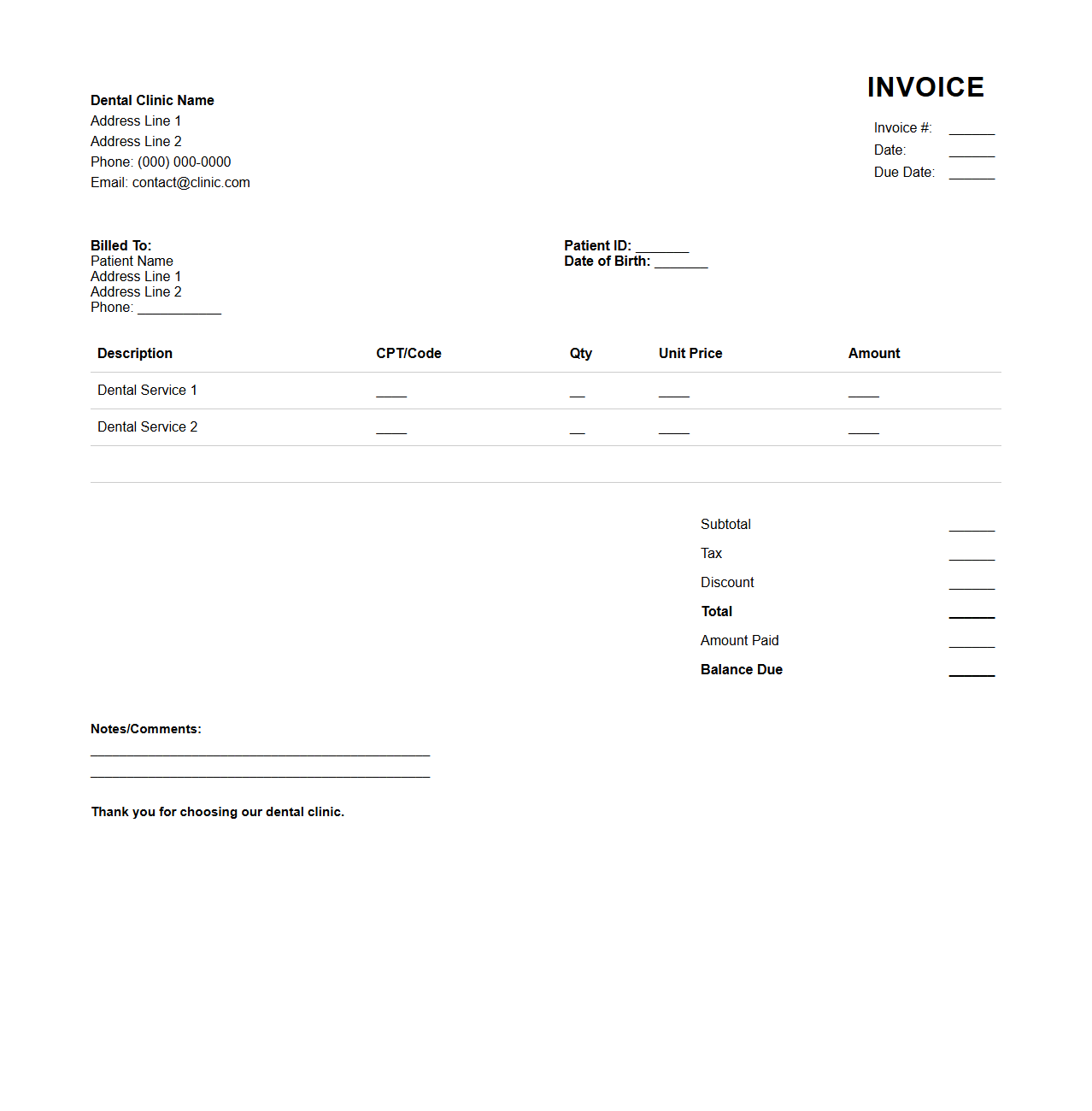 Dental Invoice Template