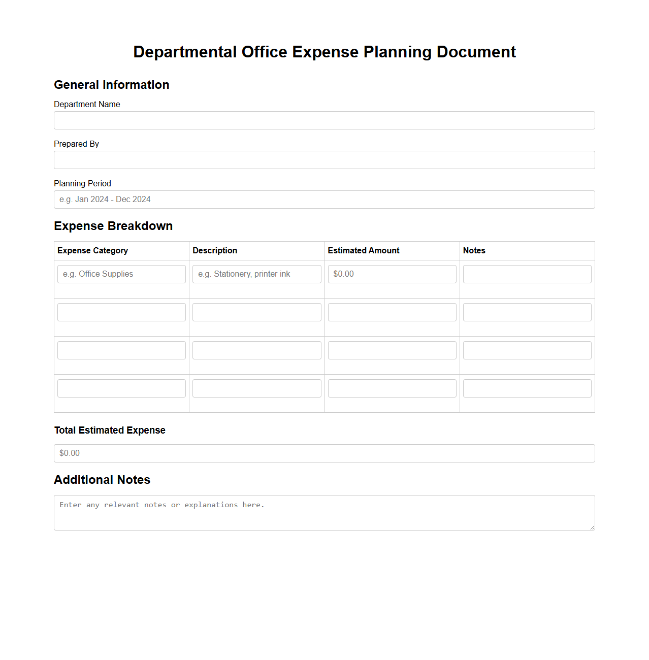 Departmental Office Expense Planning Document