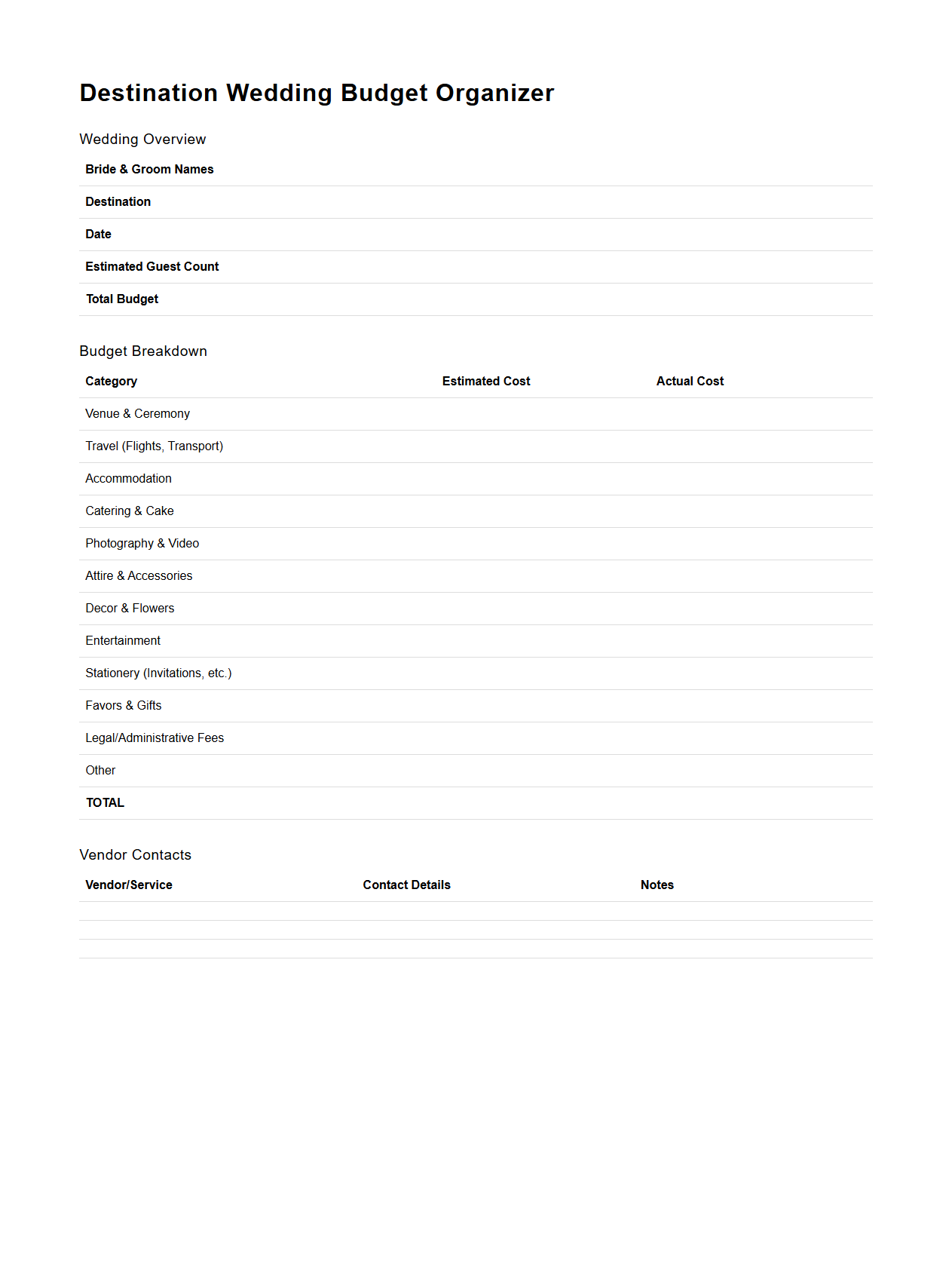 Destination Wedding Budget Organizer