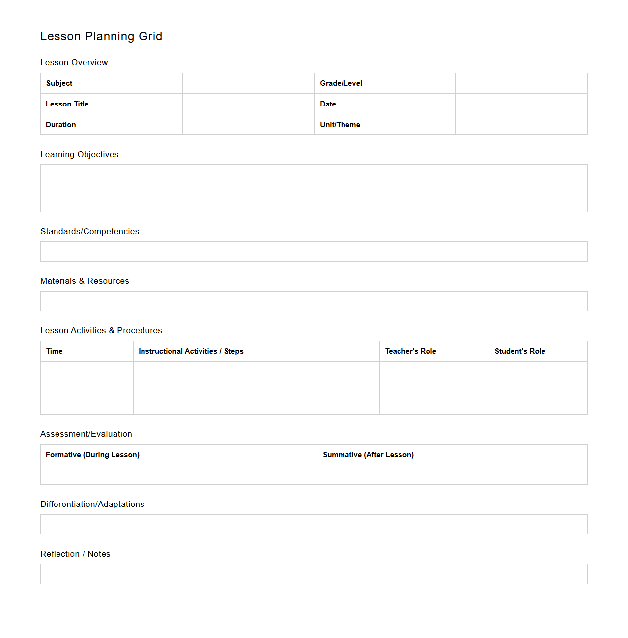 Detailed Blank Lesson Planning Grid