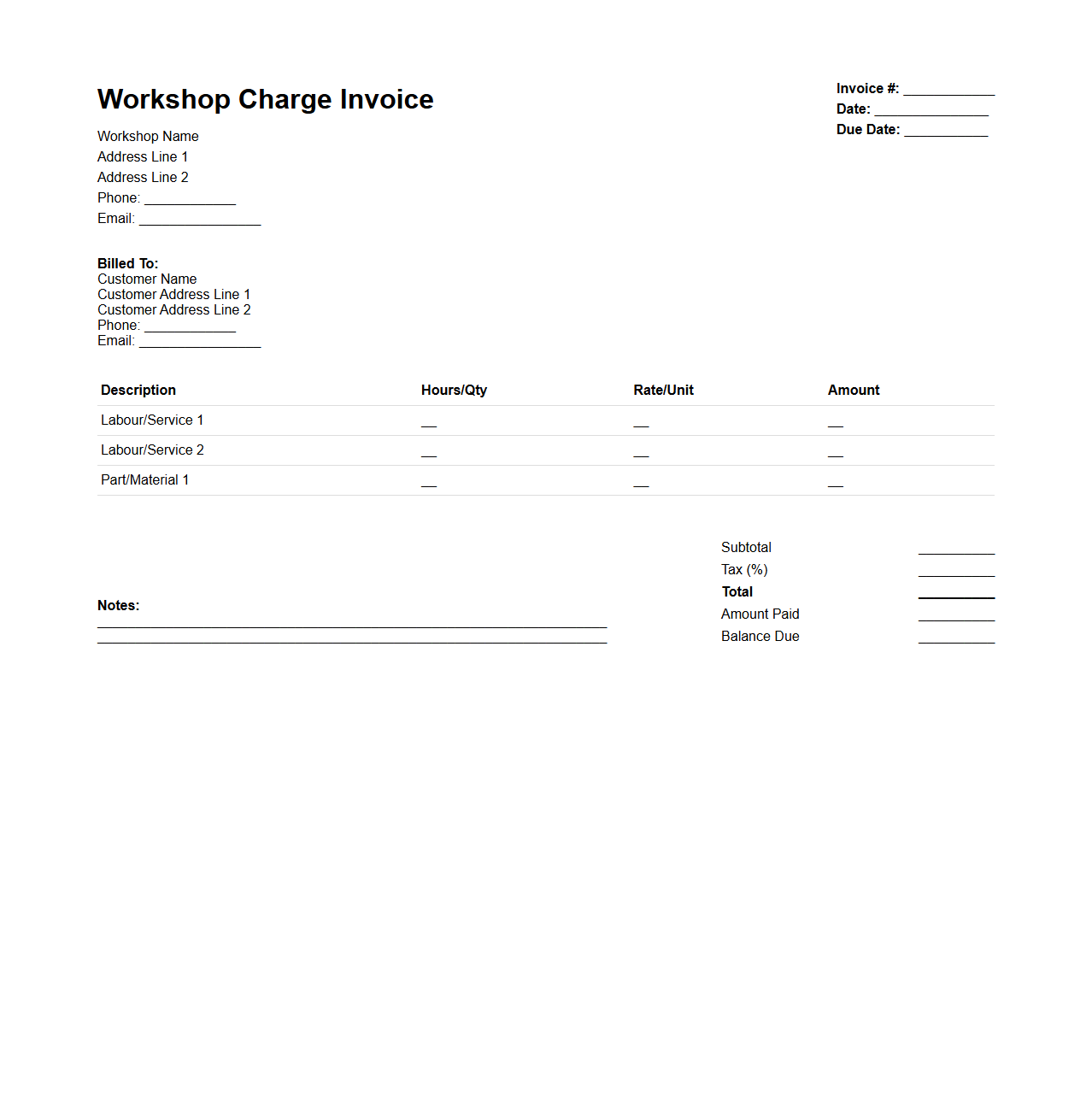 Detailed Workshop Charge Invoice