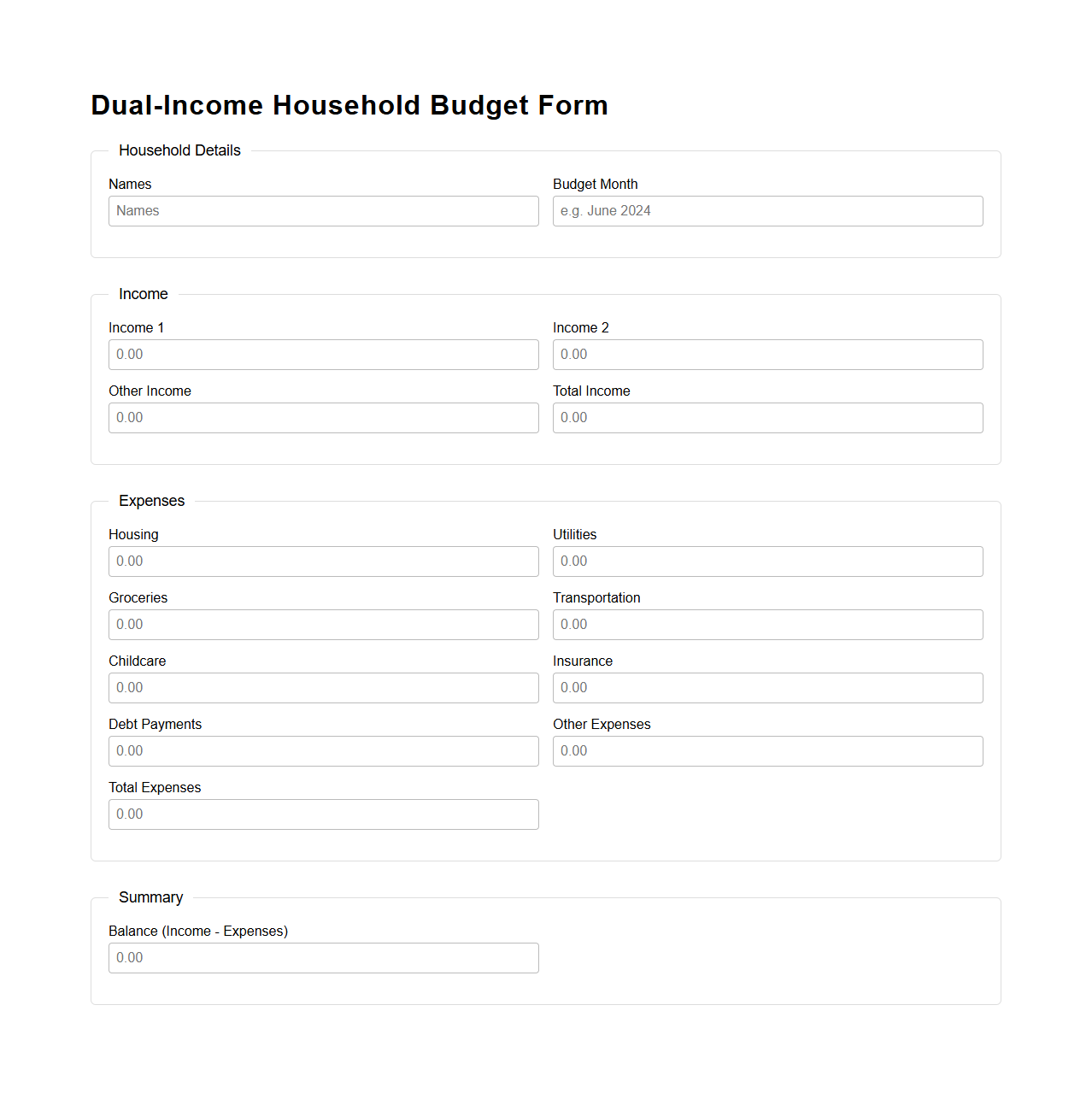 Dual-Income Household Budget Form